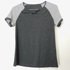 Womens Dark Grey w White Striped Shoulders Raglan Short Sleeve T-Shirt